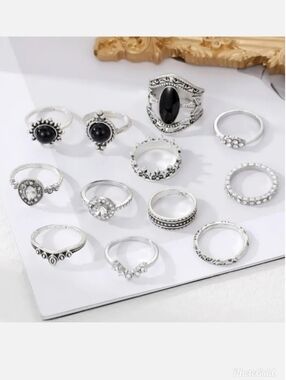 Set of 12 silver midi stack rings knuckle rings black onyx and rhinestones NWT